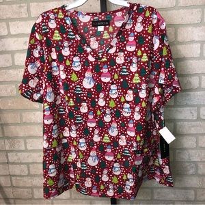 NWT Koi Basics Christmas Snowman Print red short sleeve scrub top